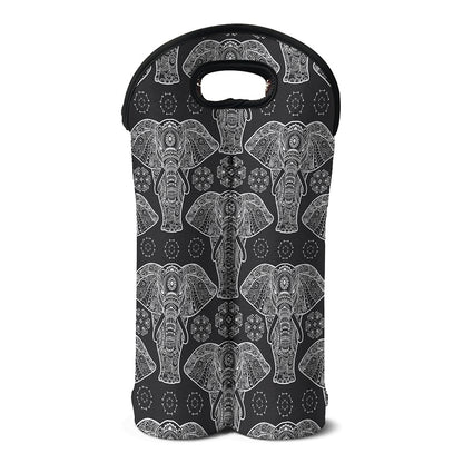 Black And White Boho Elephant Print Double Neoprene Wine Tote