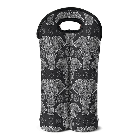 Black And White Boho Elephant Print Double Neoprene Wine Tote