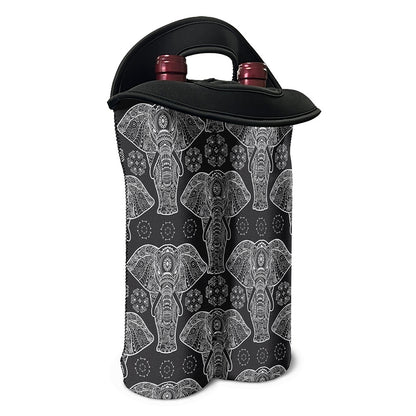 Black And White Boho Elephant Print Double Neoprene Wine Tote