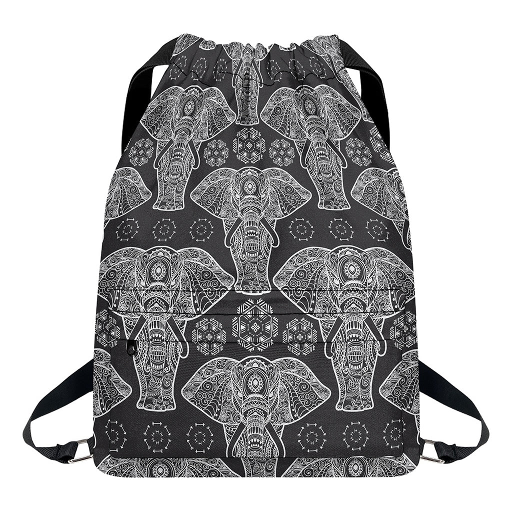 Black And White Boho Elephant Print Drawstring Backpack