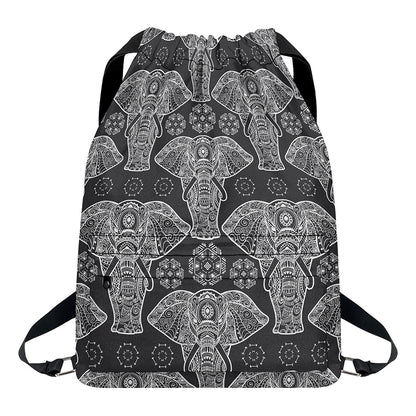 Black And White Boho Elephant Print Drawstring Backpack