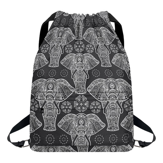 Black And White Boho Elephant Print Drawstring Backpack