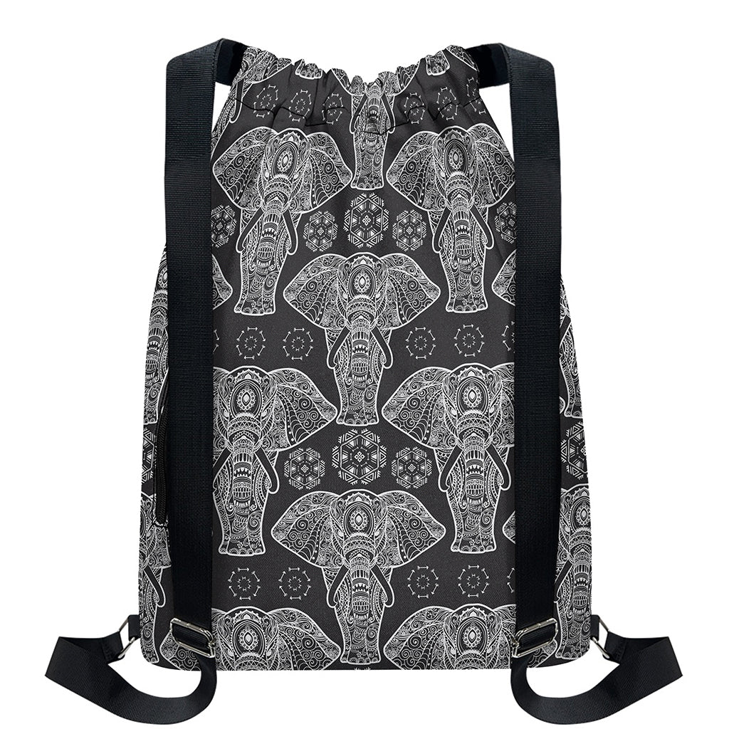 Black And White Boho Elephant Print Drawstring Backpack