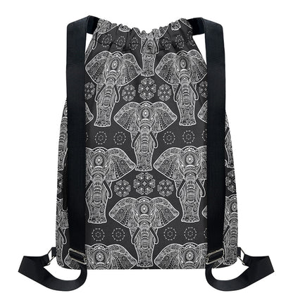 Black And White Boho Elephant Print Drawstring Backpack