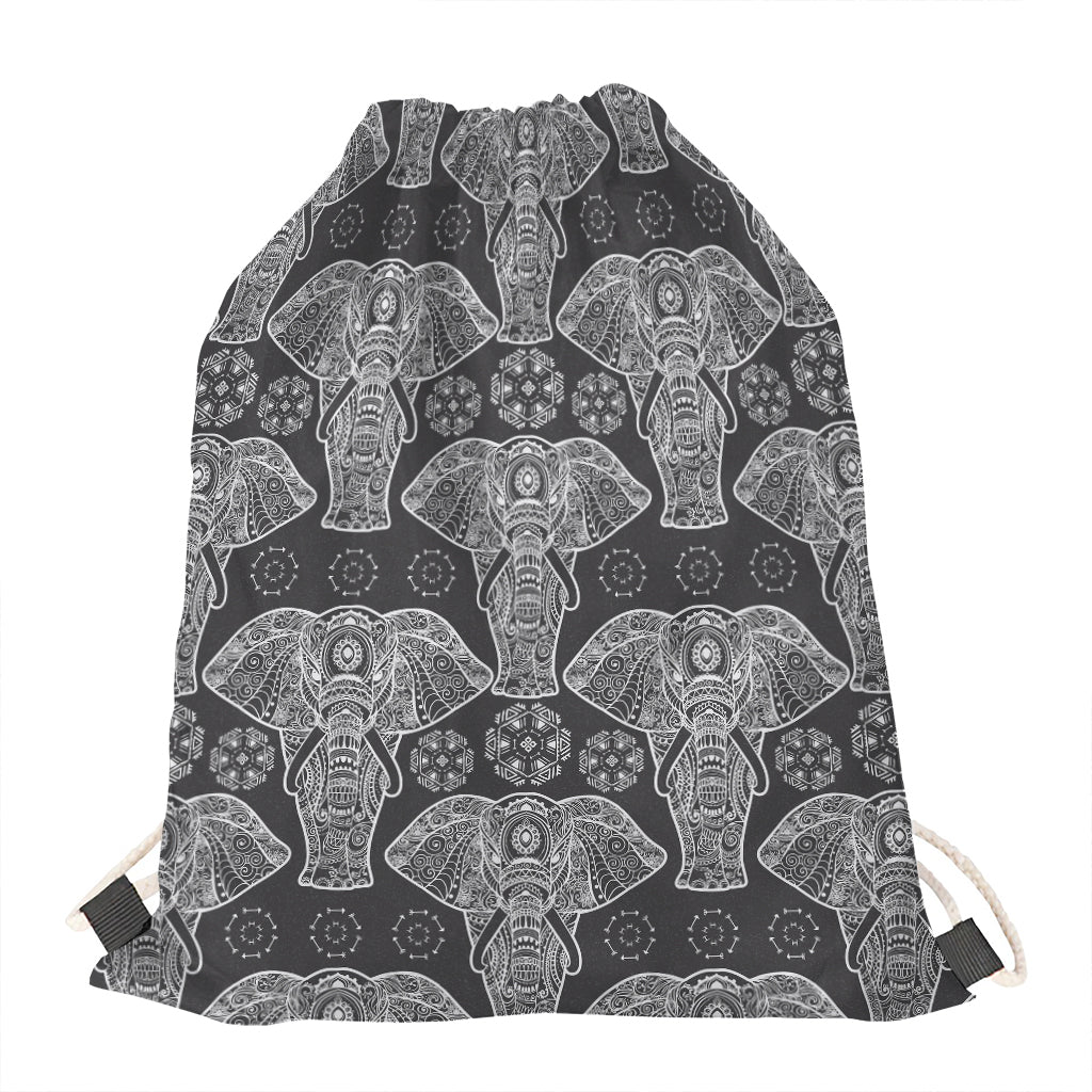 Black And White Boho Elephant Print Drawstring Bag