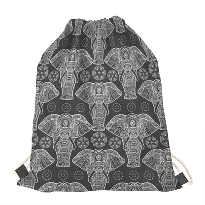 Black And White Boho Elephant Print Drawstring Bag