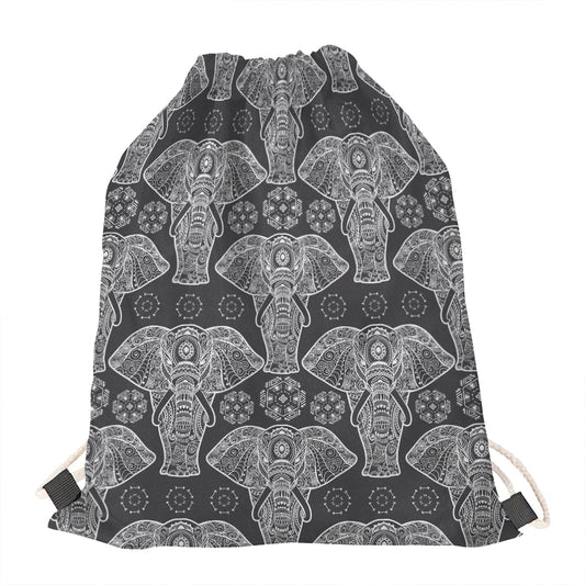 Black And White Boho Elephant Print Drawstring Bag
