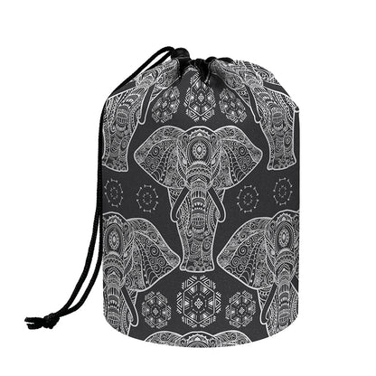 Black And White Boho Elephant Print Drawstring Makeup Bag