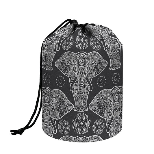 Black And White Boho Elephant Print Drawstring Makeup Bag