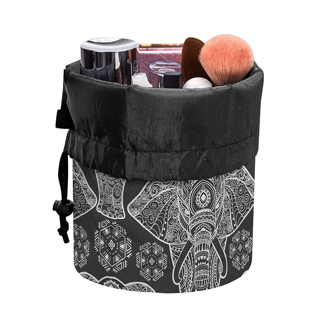 Black And White Boho Elephant Print Drawstring Makeup Bag