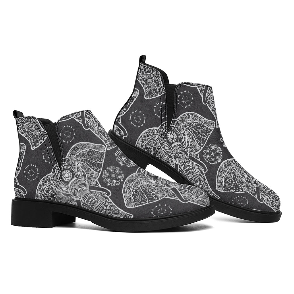 Black And White Boho Elephant Print Flat Ankle Boots