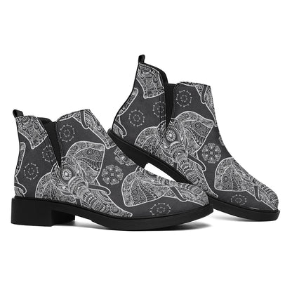 Black And White Boho Elephant Print Flat Ankle Boots