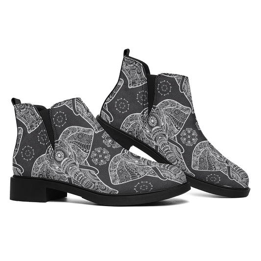 Black And White Boho Elephant Print Flat Ankle Boots