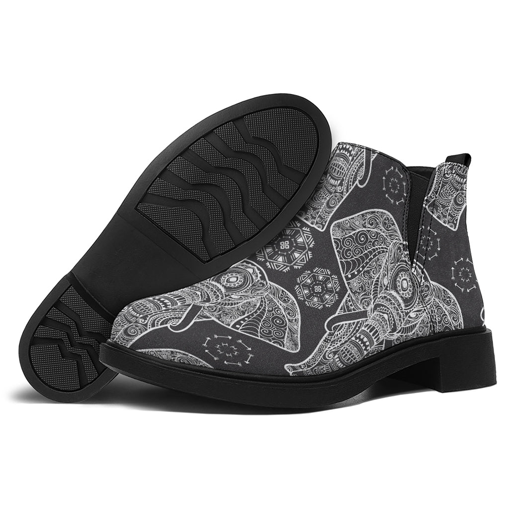 Black And White Boho Elephant Print Flat Ankle Boots