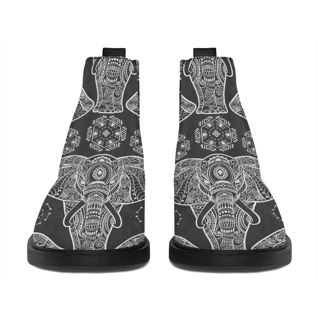 Black And White Boho Elephant Print Flat Ankle Boots