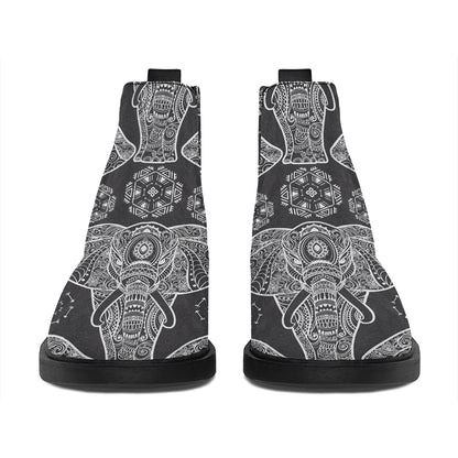 Black And White Boho Elephant Print Flat Ankle Boots