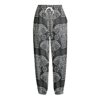 Black And White Boho Elephant Print Fleece Lined Knit Pants