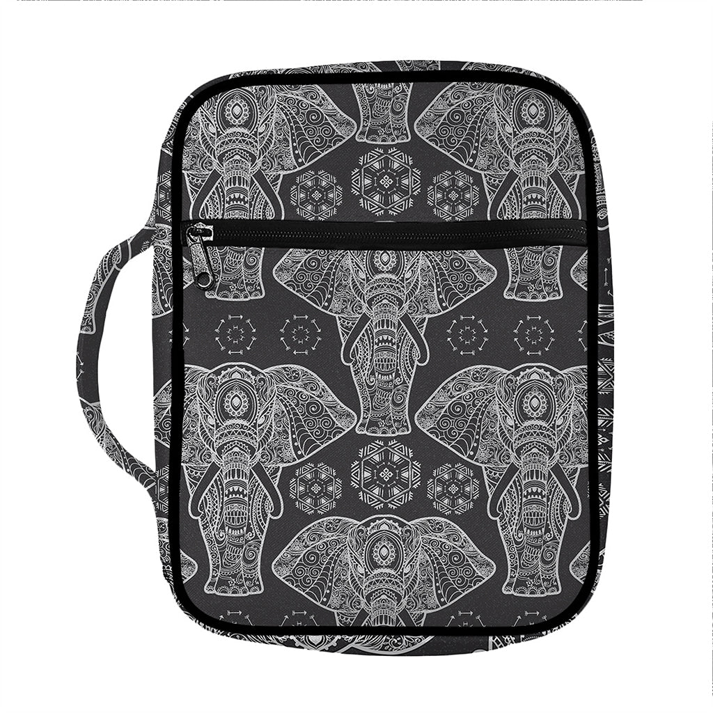 Black And White Boho Elephant Print Front Pocket Bible Bag