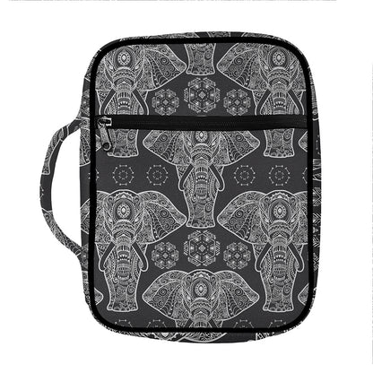 Black And White Boho Elephant Print Front Pocket Bible Bag