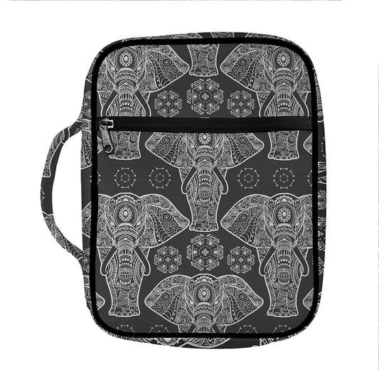 Black And White Boho Elephant Print Front Pocket Bible Bag