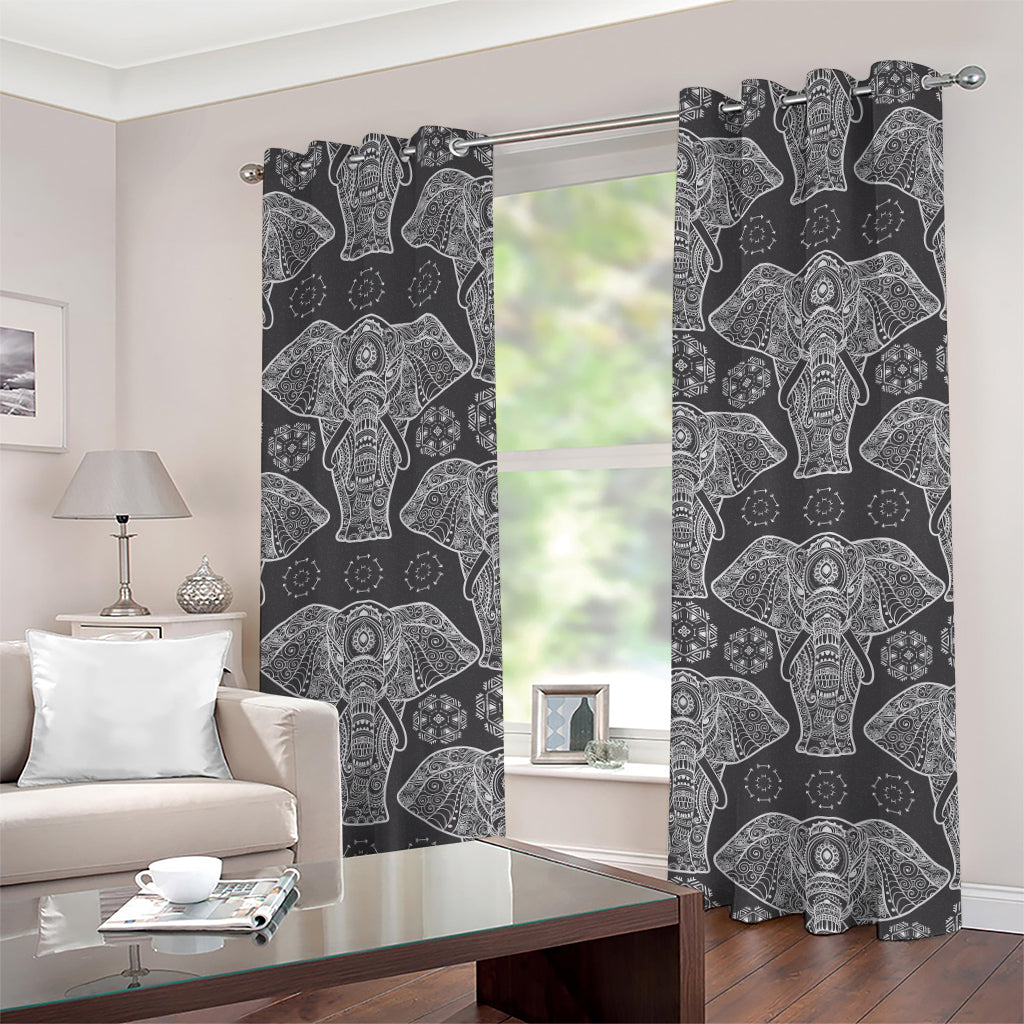 Black And White Boho Elephant Print Grommet Curtains