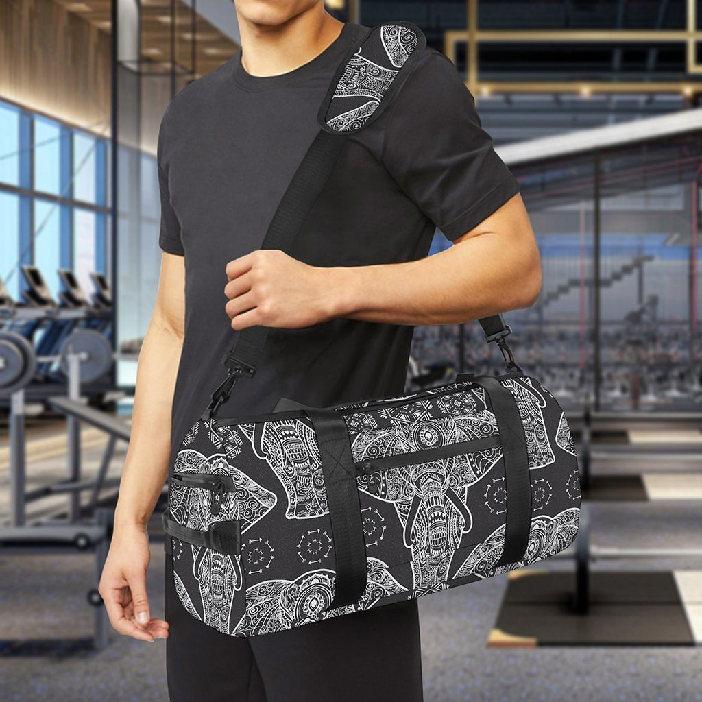 Black And White Boho Elephant Print Gym Bag