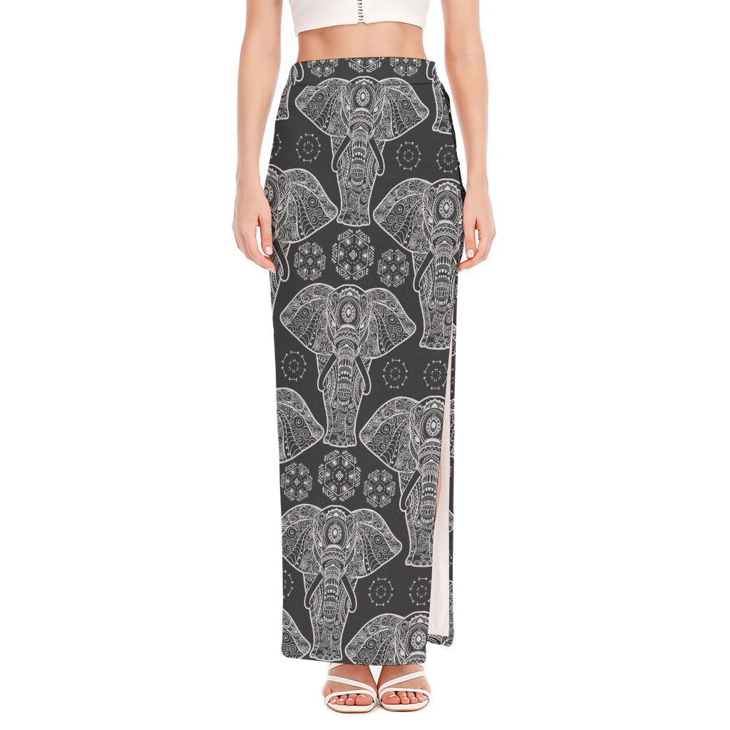 Black And White Boho Elephant Print High Slit Maxi Skirt