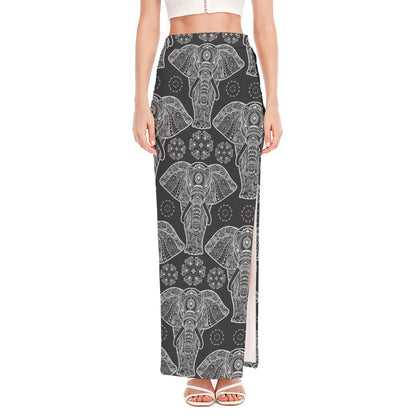 Black And White Boho Elephant Print High Slit Maxi Skirt