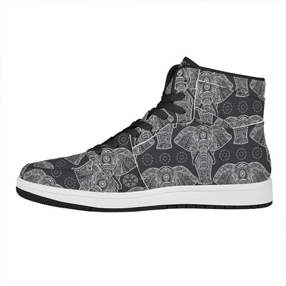 Black And White Boho Elephant Print High Top Leather Sneakers
