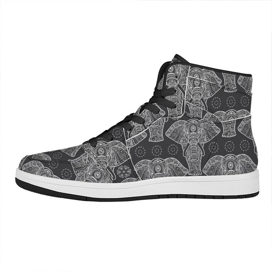 Black And White Boho Elephant Print High Top Leather Sneakers
