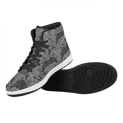 Black And White Boho Elephant Print High Top Leather Sneakers