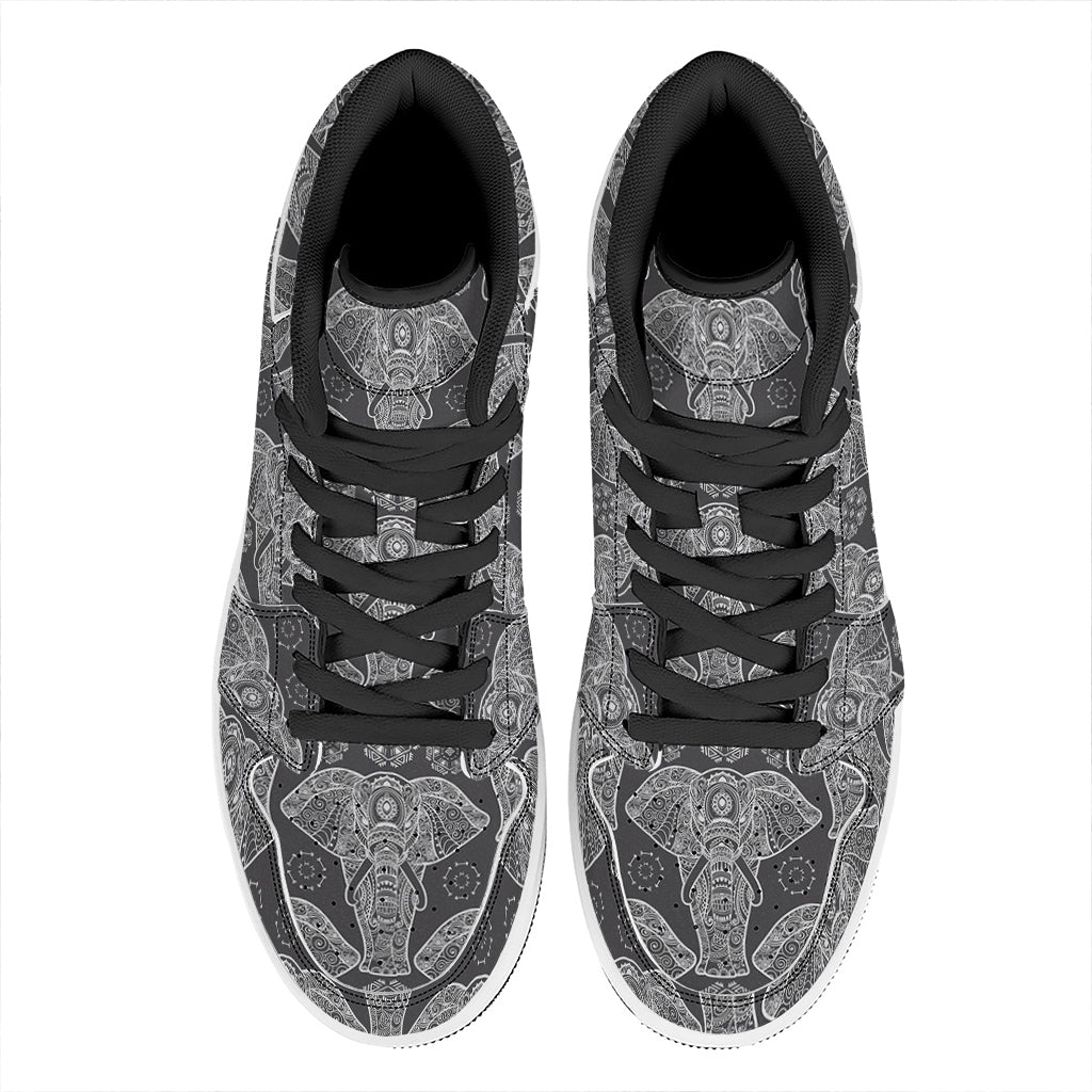 Black And White Boho Elephant Print High Top Leather Sneakers