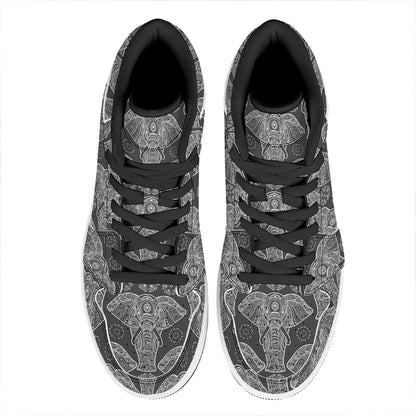 Black And White Boho Elephant Print High Top Leather Sneakers