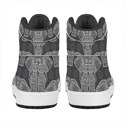 Black And White Boho Elephant Print High Top Leather Sneakers