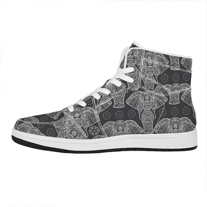 Black And White Boho Elephant Print High Top Leather Sneakers