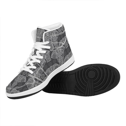 Black And White Boho Elephant Print High Top Leather Sneakers