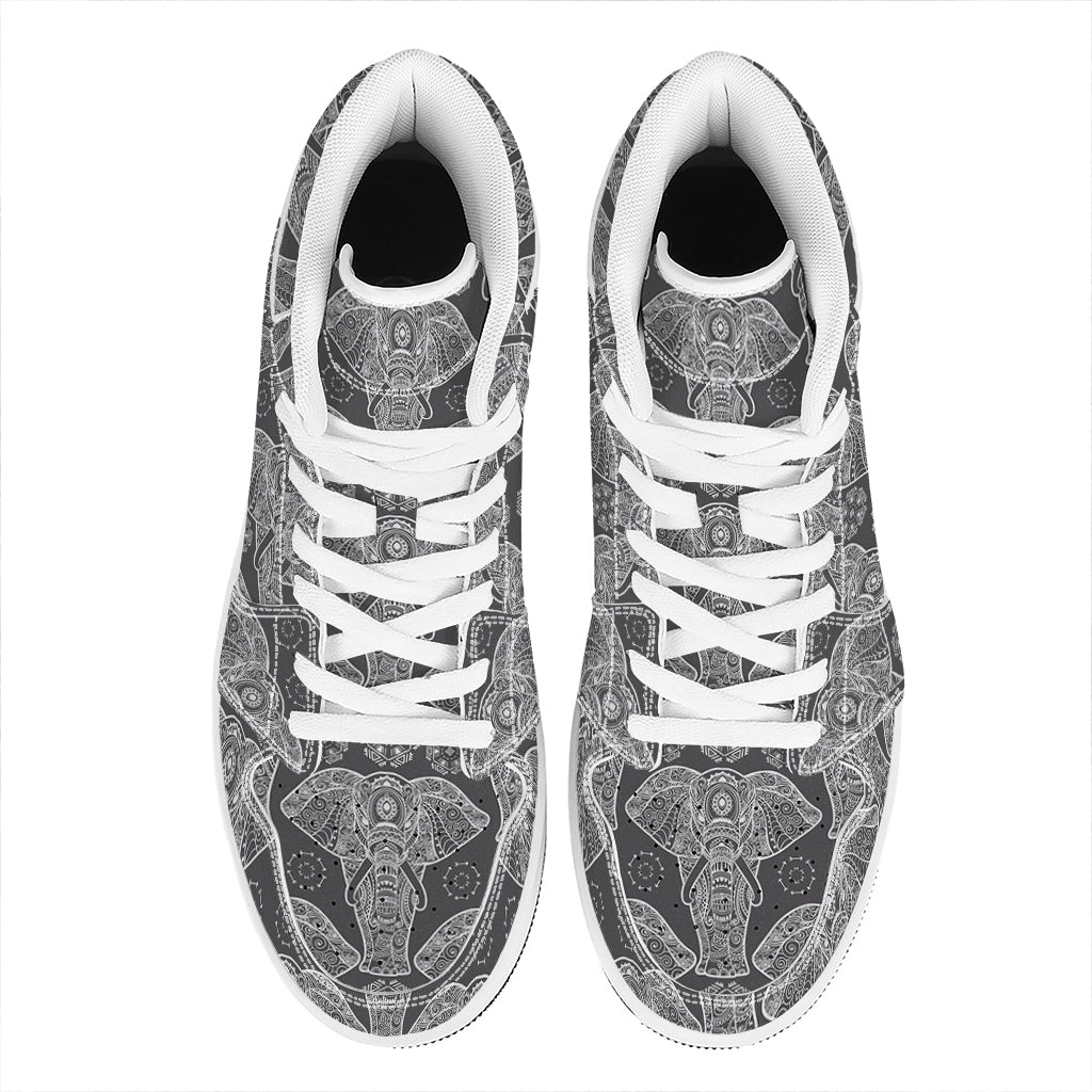 Black And White Boho Elephant Print High Top Leather Sneakers