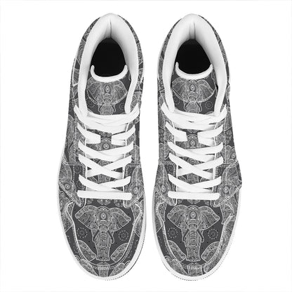 Black And White Boho Elephant Print High Top Leather Sneakers