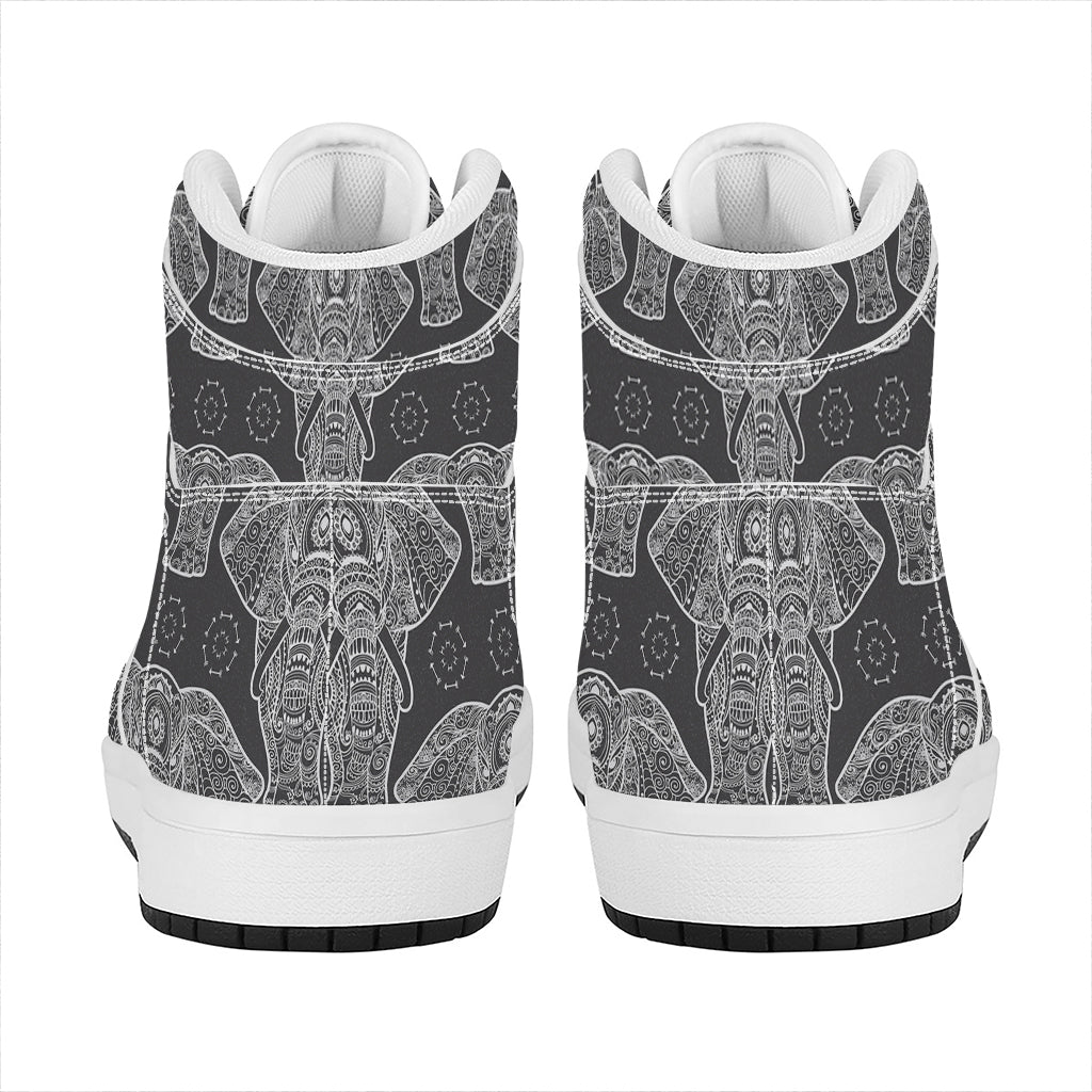 Black And White Boho Elephant Print High Top Leather Sneakers