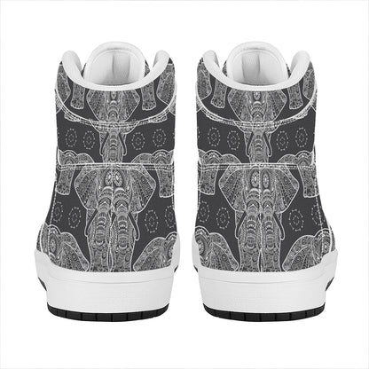 Black And White Boho Elephant Print High Top Leather Sneakers