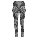 Black And White Boho Elephant Print High-Waisted Pocket Leggings