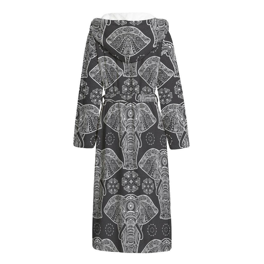 Black And White Boho Elephant Print Hooded Bathrobe