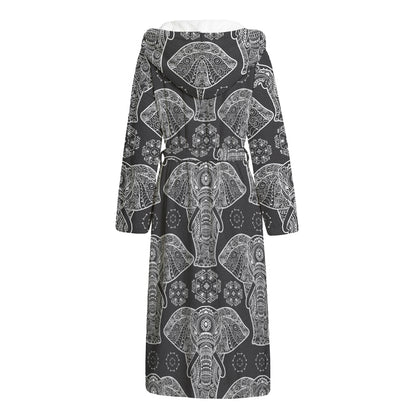 Black And White Boho Elephant Print Hooded Bathrobe