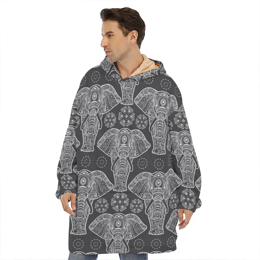 Black And White Boho Elephant Print Hoodie Blanket