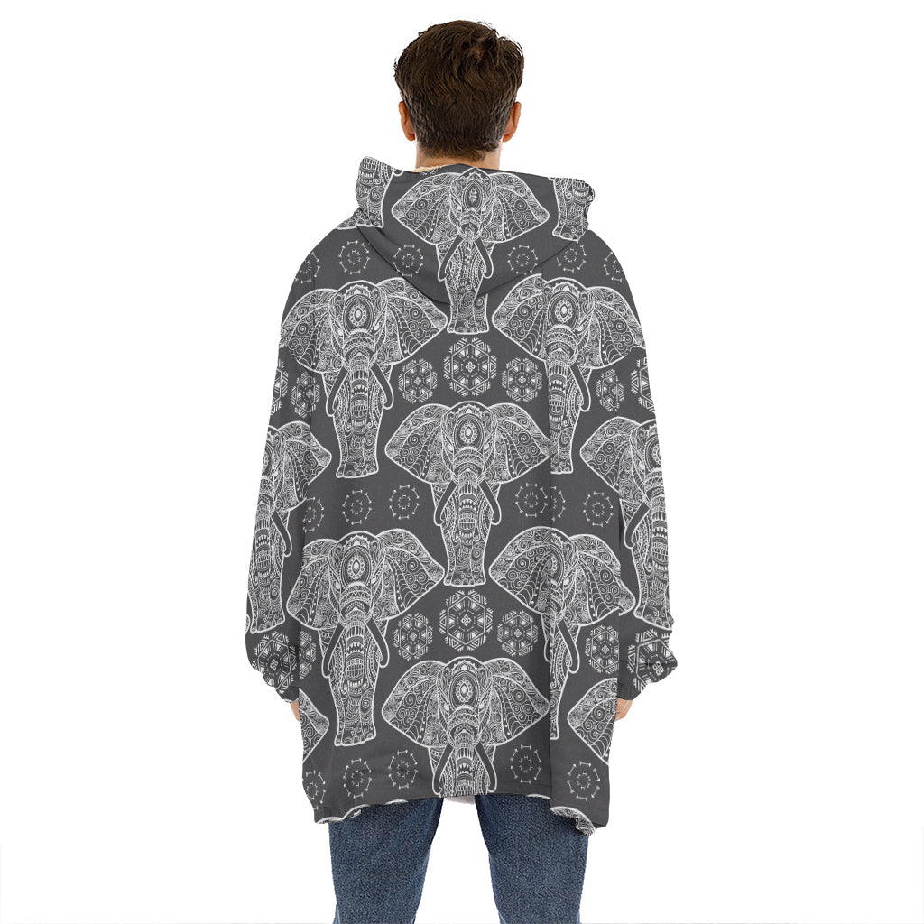 Black And White Boho Elephant Print Hoodie Blanket