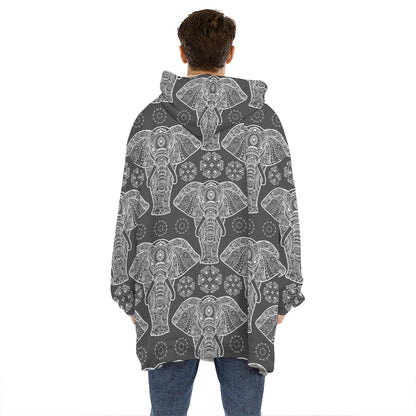 Black And White Boho Elephant Print Hoodie Blanket