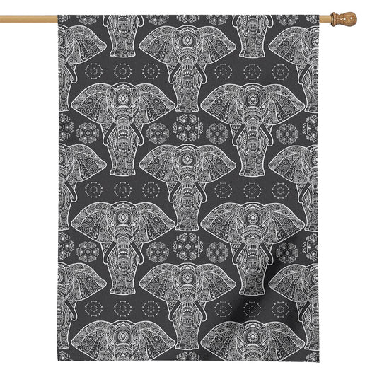 Black And White Boho Elephant Print House Flag