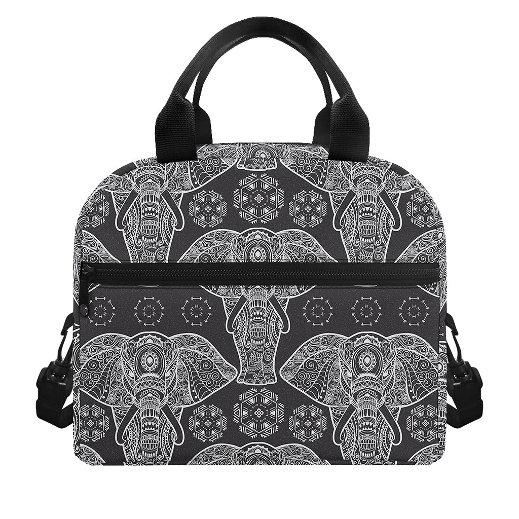 Black And White Boho Elephant Print Insulated Lunch Bag