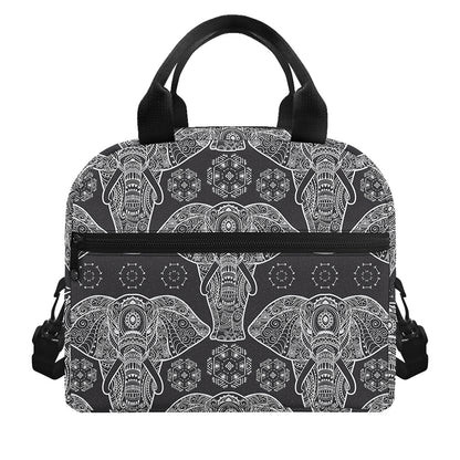 Black And White Boho Elephant Print Insulated Lunch Bag