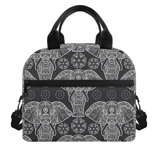 Black And White Boho Elephant Print Insulated Lunch Bag